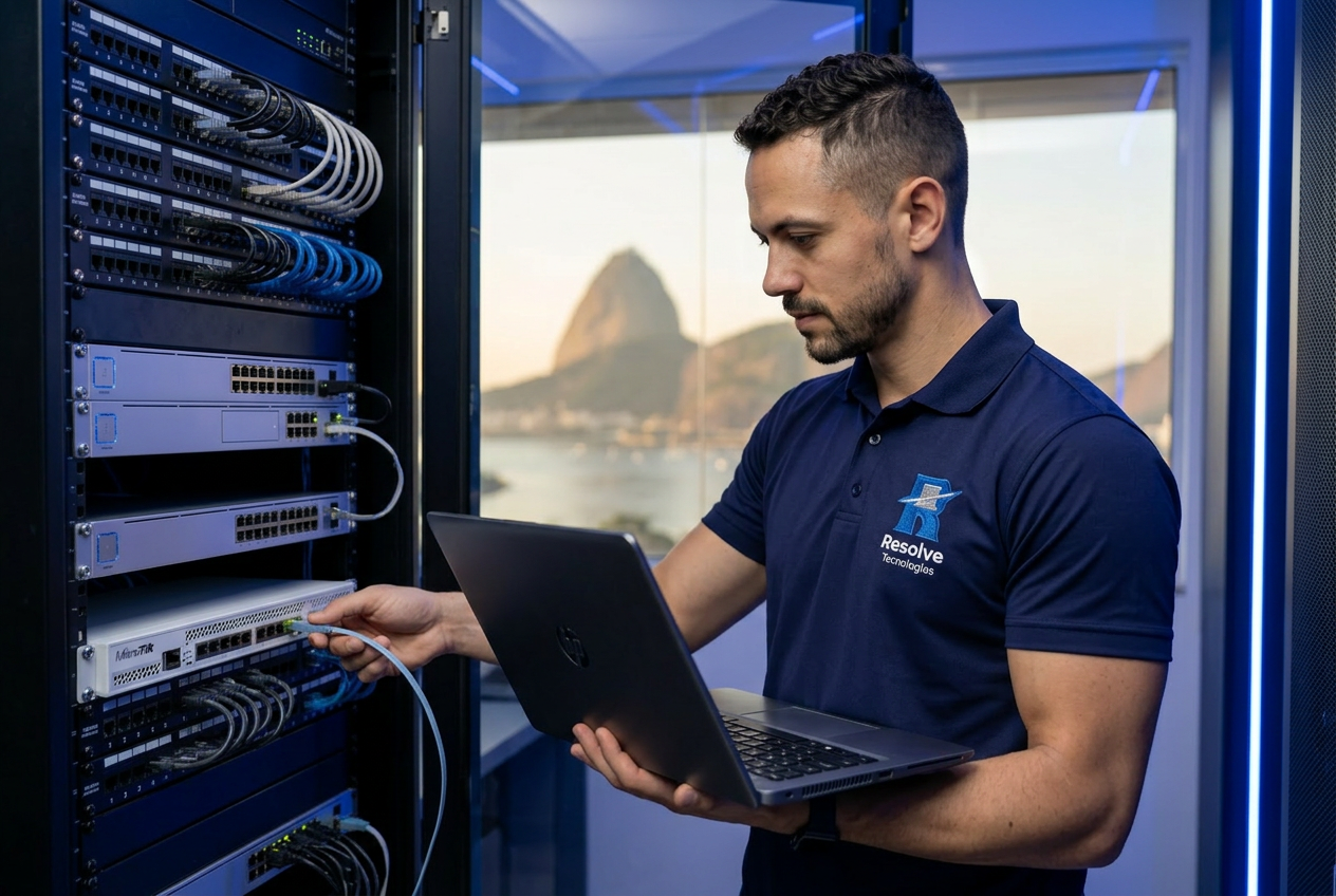 Técnico da Resolve Tecnologias verificando infraestrutura de TI em Botafogo no Rio de Janeiro