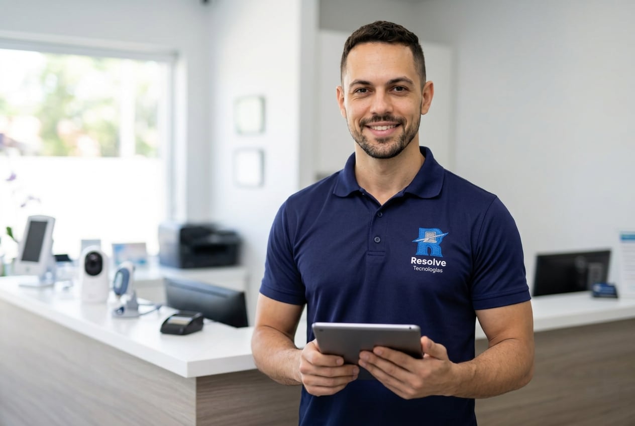 Técnico da Suporte de TI - Resolve Tecnologias atendendo recepção de clínica moderna no Rio de Janeiro