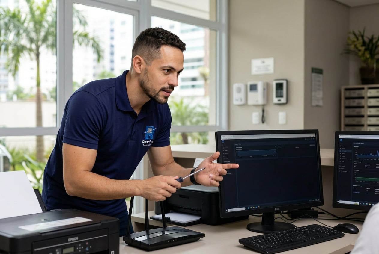 Técnico da Suporte de TI - Resolve Tecnologias prestando suporte técnico ao computador da portaria de um condomínio no Rio de Janeiro, com roteador Wi-Fi, impressora e monitor administrativo