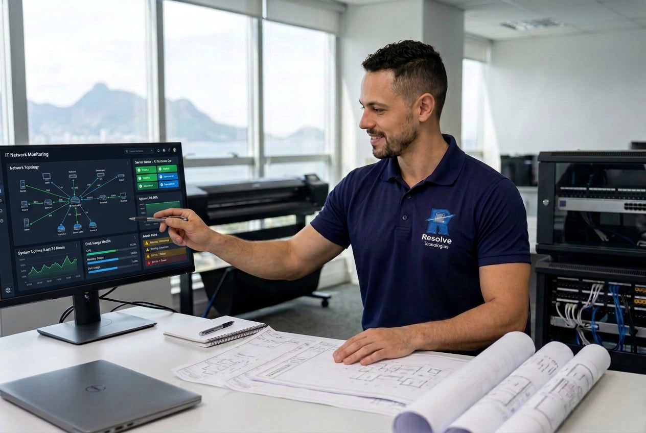 Técnico da Suporte de TI - Resolve Tecnologias prestando suporte de TI em escritório de engenharia no Rio de Janeiro, com estação de trabalho, rack de rede, notebook, plotter e plantas técnicas sobre a mesa