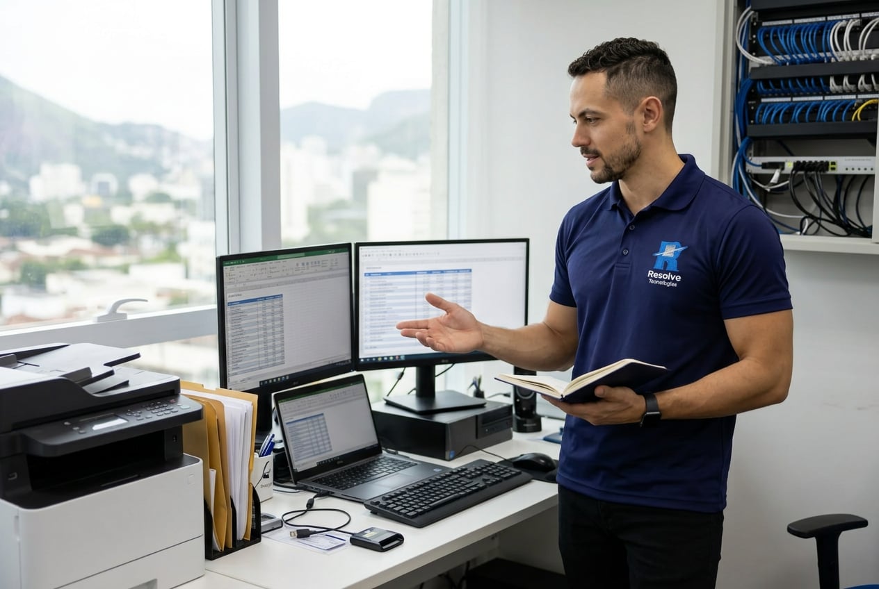 Técnico da Suporte de TI - Resolve Tecnologias prestando suporte técnico em escritório contábil no Rio de Janeiro, com computadores, impressora, documentos e rack de rede organizado
