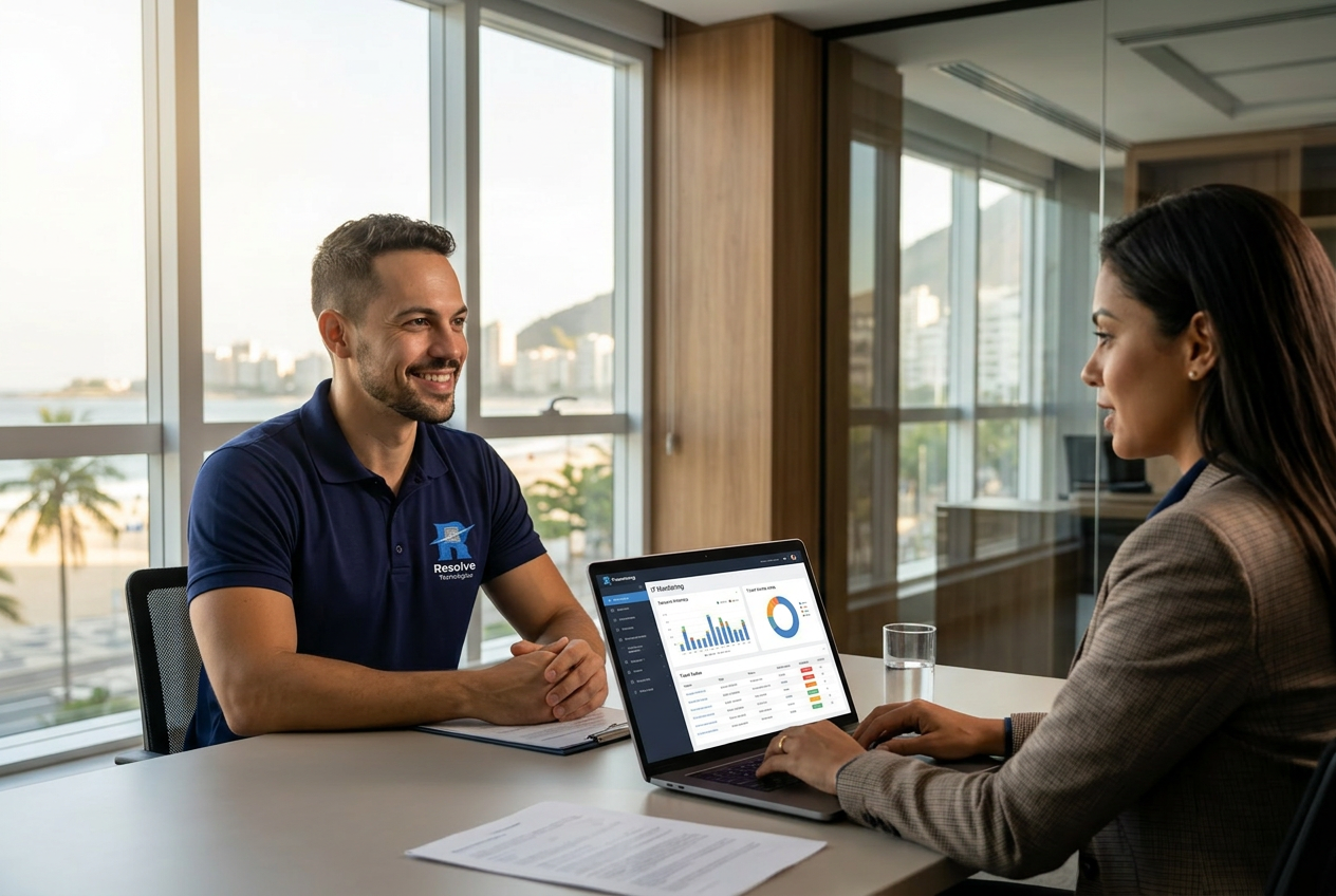 Técnico da Resolve Tecnologias atendendo empresa em Copacabana no Rio de Janeiro