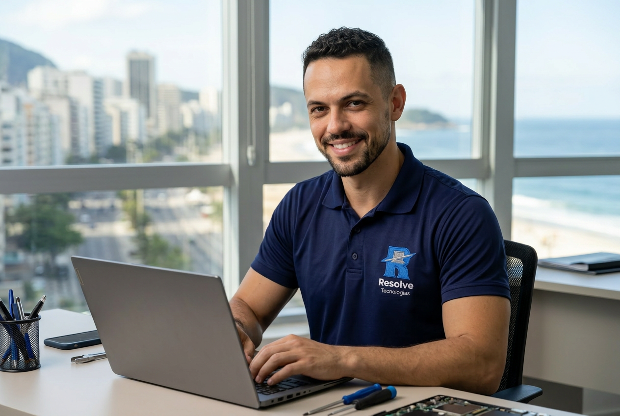 Técnico da Resolve Tecnologias realizando suporte de TI em Copacabana no Rio de Janeiro