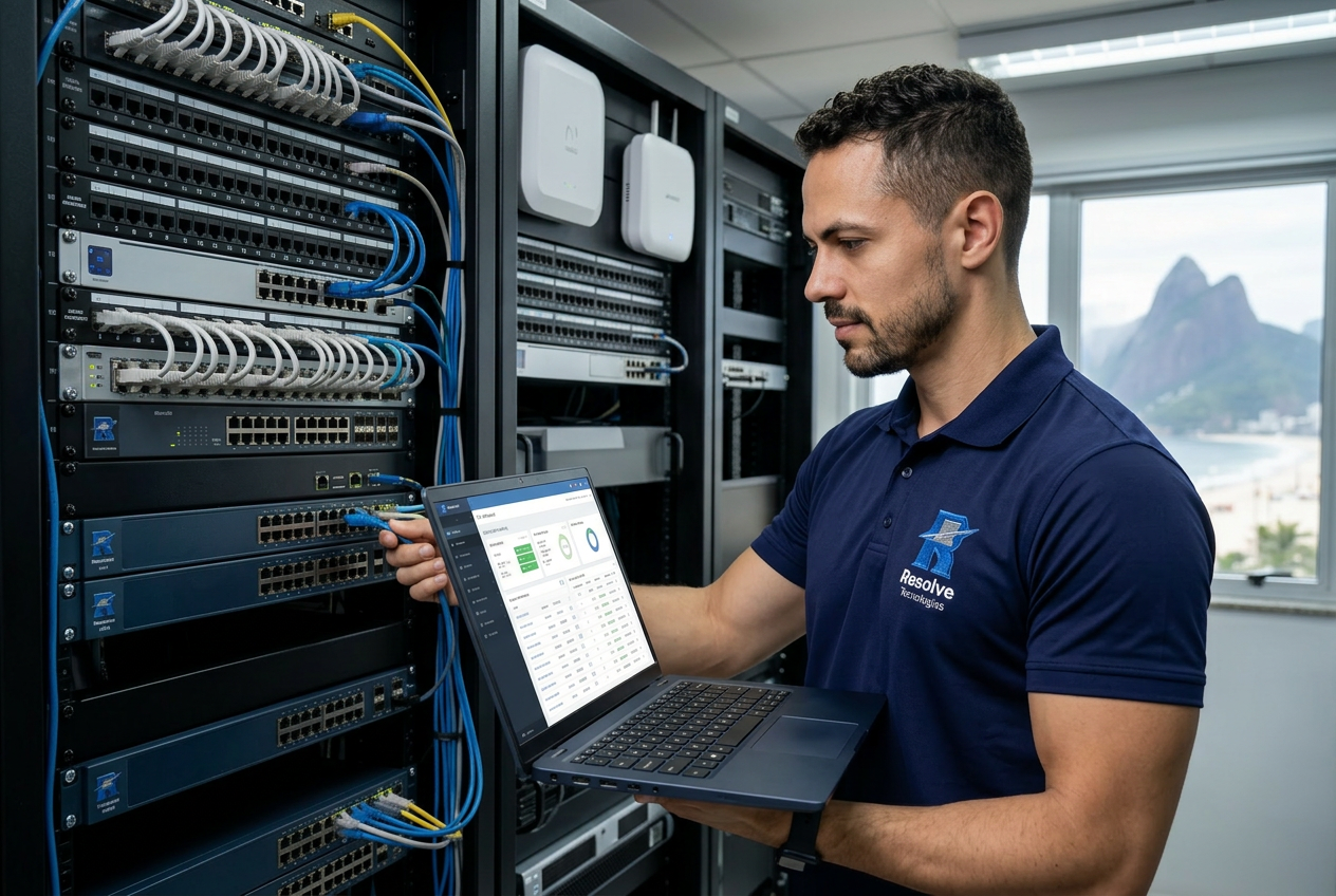 Técnico da Resolve Tecnologias verificando infraestrutura de TI em Copacabana no Rio de Janeiro