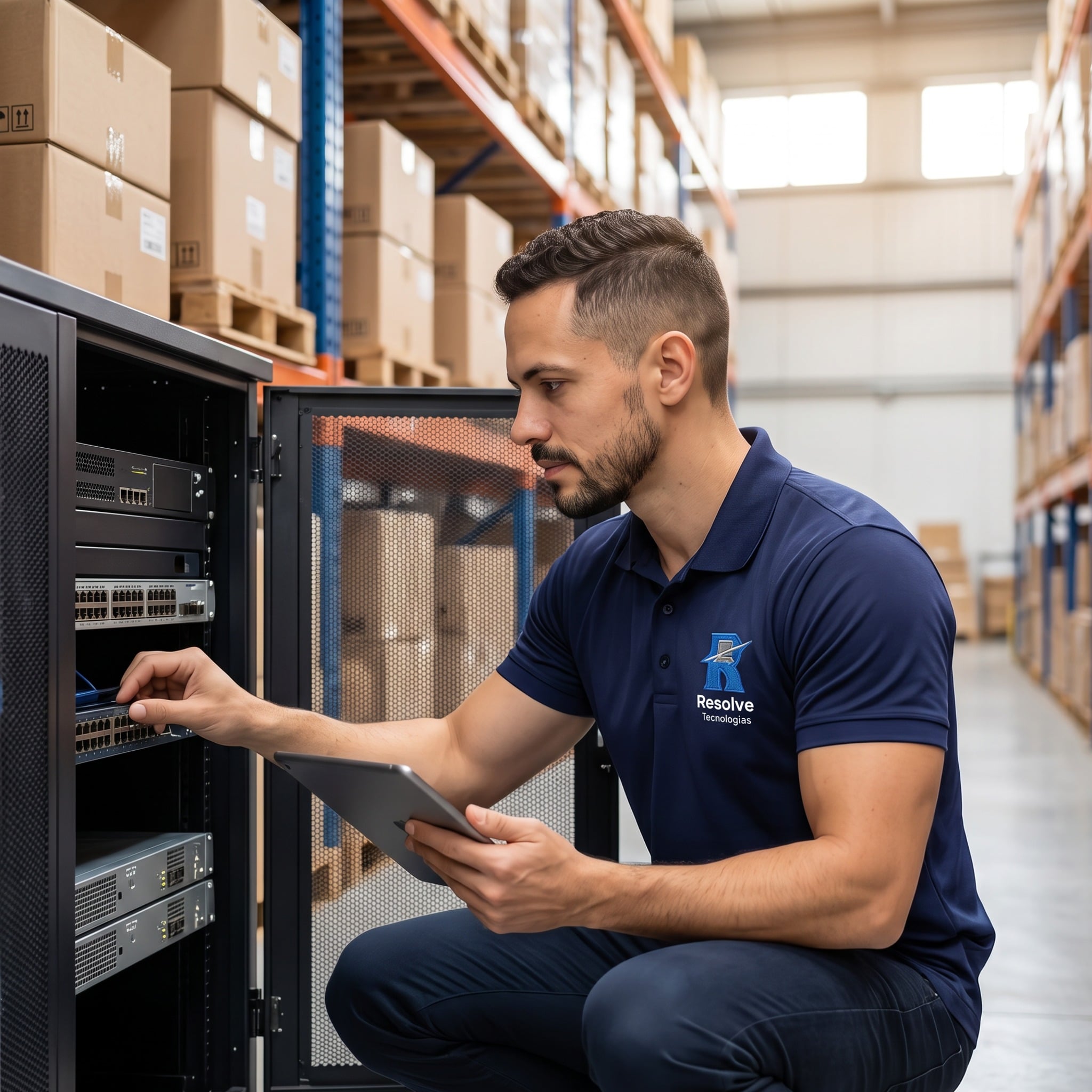 Técnico da Suporte de TI - Resolve Tecnologias prestando suporte técnico no setor administrativo de uma distribuidora no Rio de Janeiro, com computador, impressora e prateleiras de estoque ao fundo