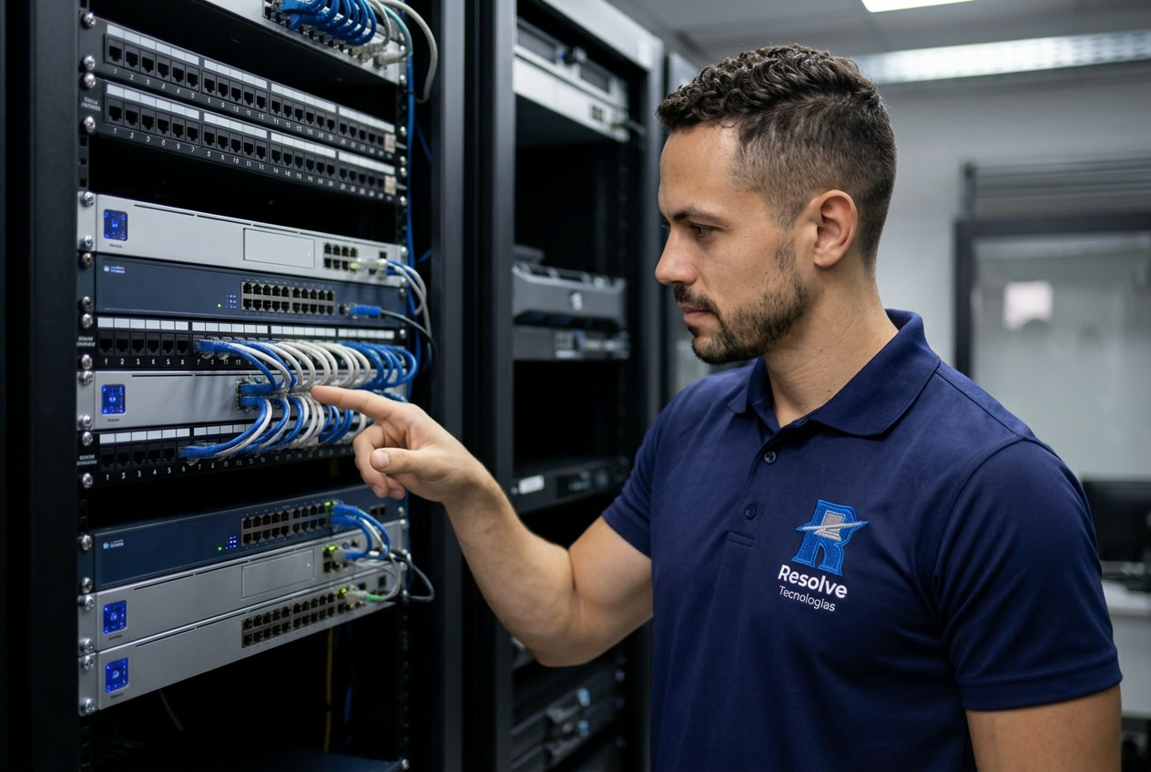 Técnico da Resolve Tecnologias verificando infraestrutura de TI em Duque de Caxias