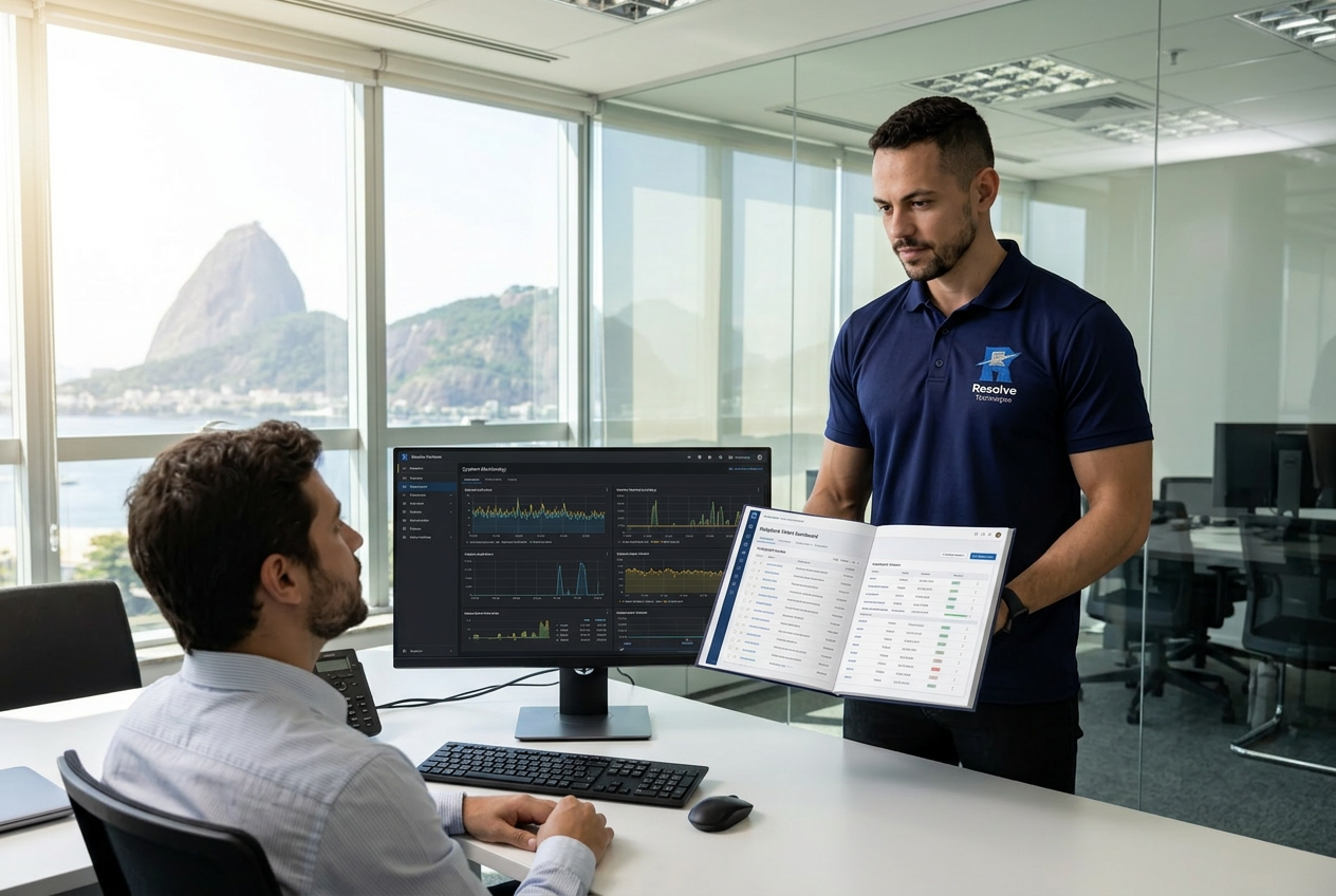 Técnico da Resolve Tecnologias analisando notebook corporativo em empresa no Rio de Janeiro