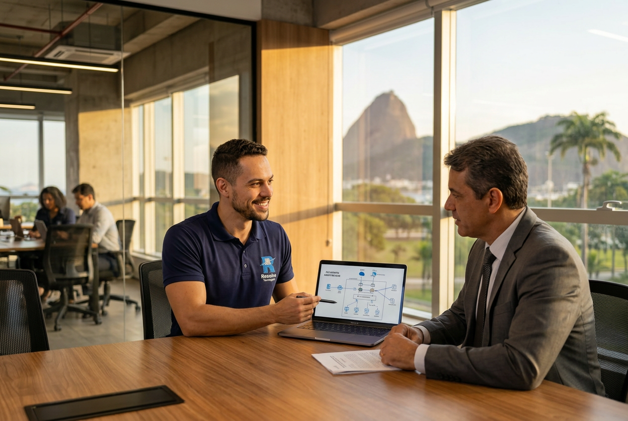 Técnico da Resolve Tecnologias atendendo empresa no Flamengo