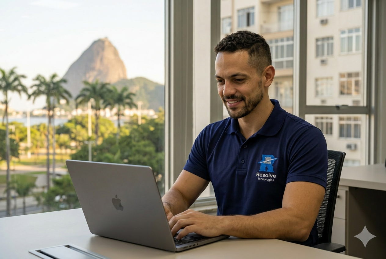 Técnico da Resolve Tecnologias realizando suporte de TI no Flamengo