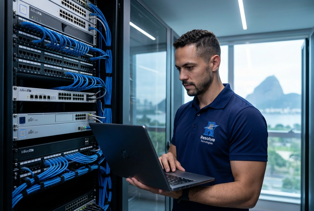 Técnico da Resolve Tecnologias verificando infraestrutura de TI no Flamengo