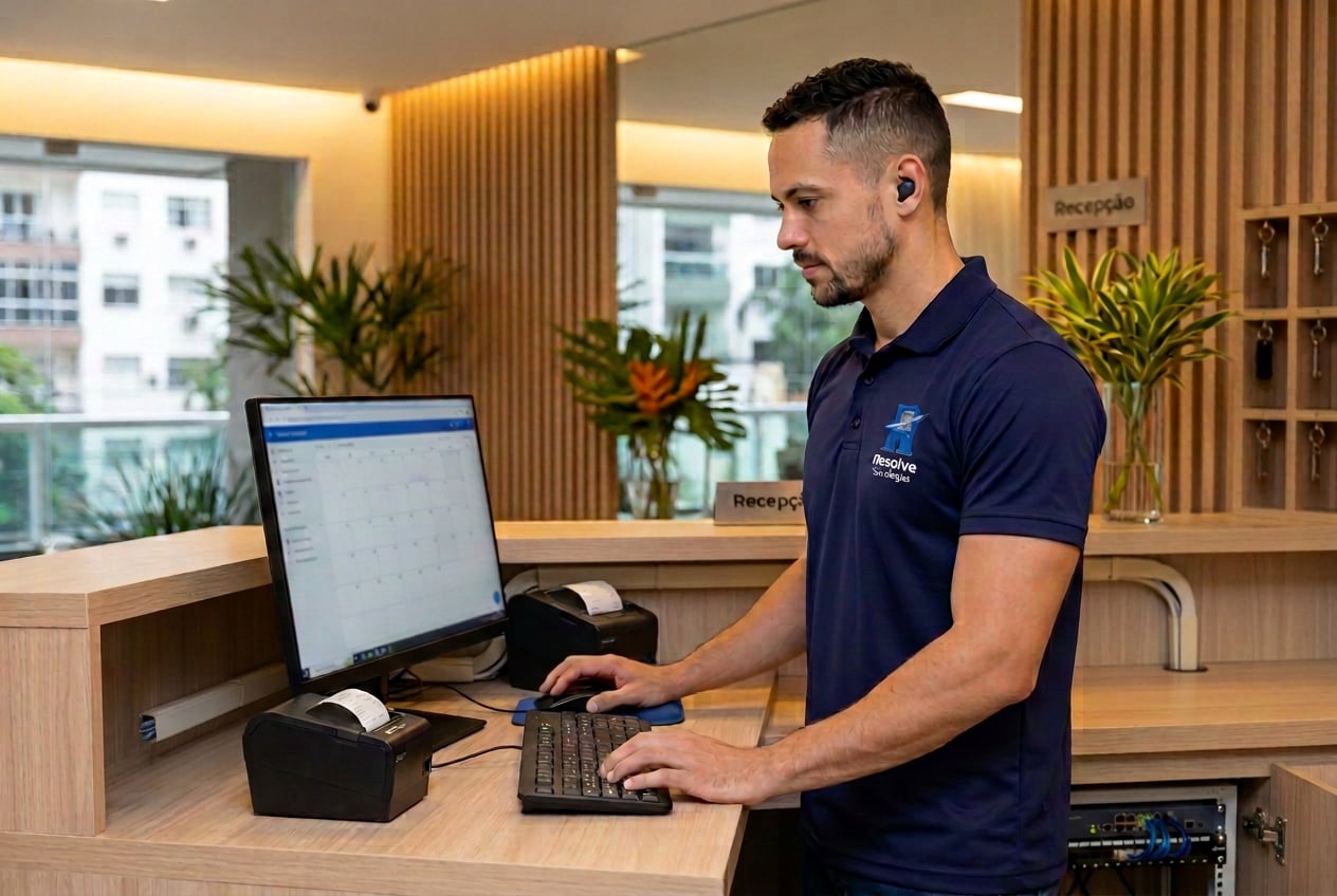 Técnico da Suporte de TI - Resolve Tecnologias prestando suporte técnico na recepção de um hotel/pousada no Rio de Janeiro, operando computador com sistema de reservas, impressora, roteador e switch de rede