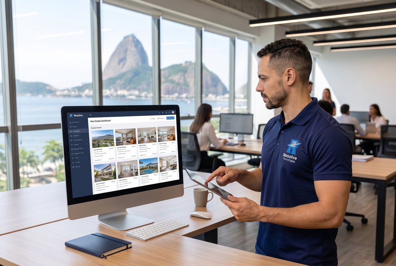 Técnico da Suporte de TI - Resolve Tecnologias prestando suporte técnico em imobiliária no Rio de Janeiro, com notebook, computador com CRM, impressora e cabeamento organizado