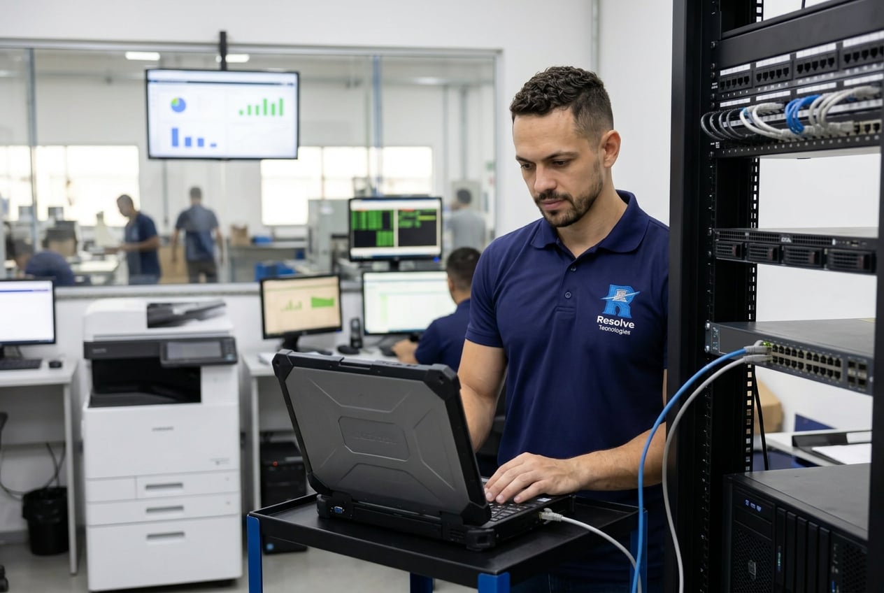 Técnico da Suporte de TI - Resolve Tecnologias prestando suporte técnico em rack de rede de uma indústria no Rio de Janeiro, operando notebook conectado a switch, com impressora e monitores administrativos ao fundo
