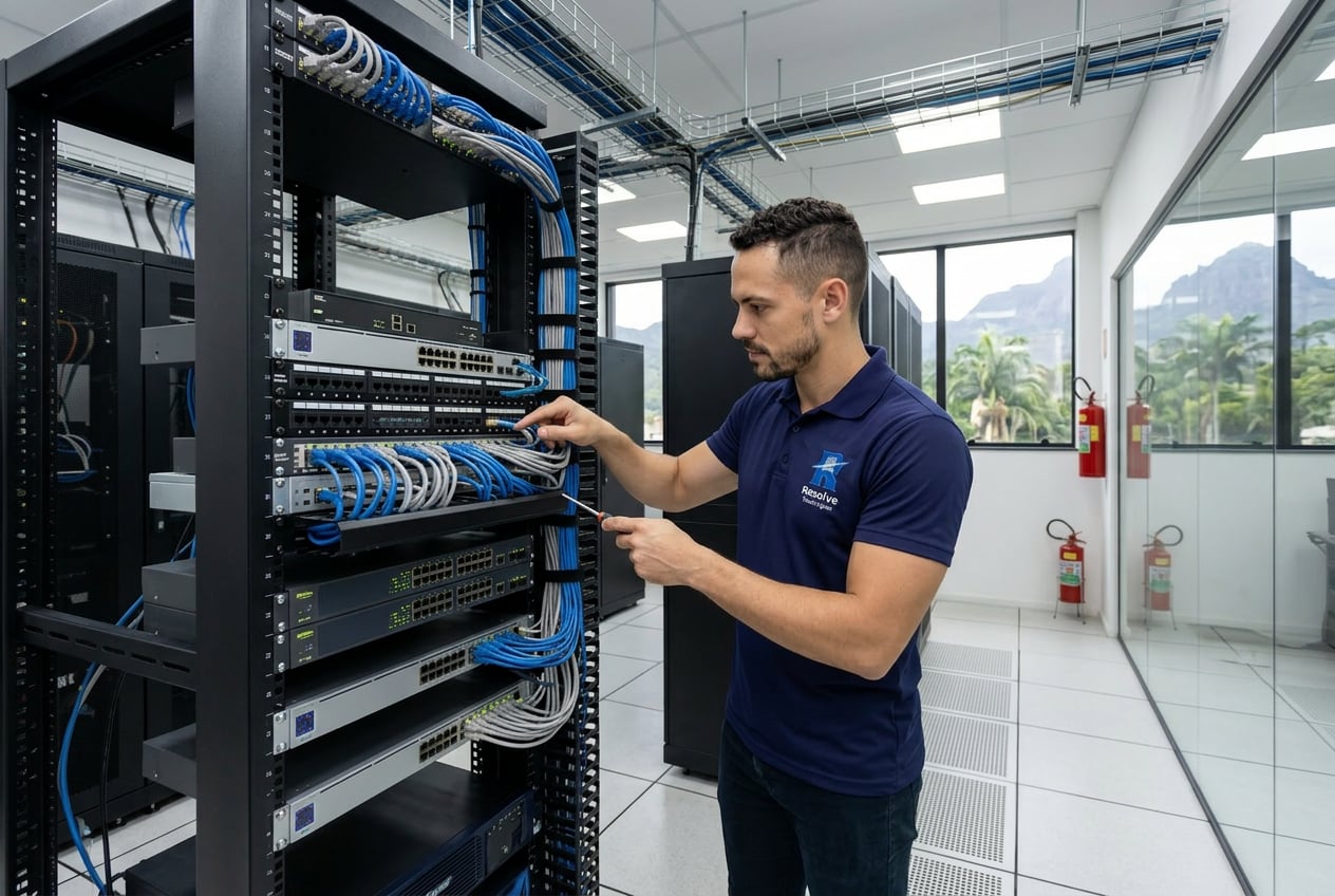Técnico da Suporte de TI - Resolve Tecnologias verificando infraestrutura de TI em Magé