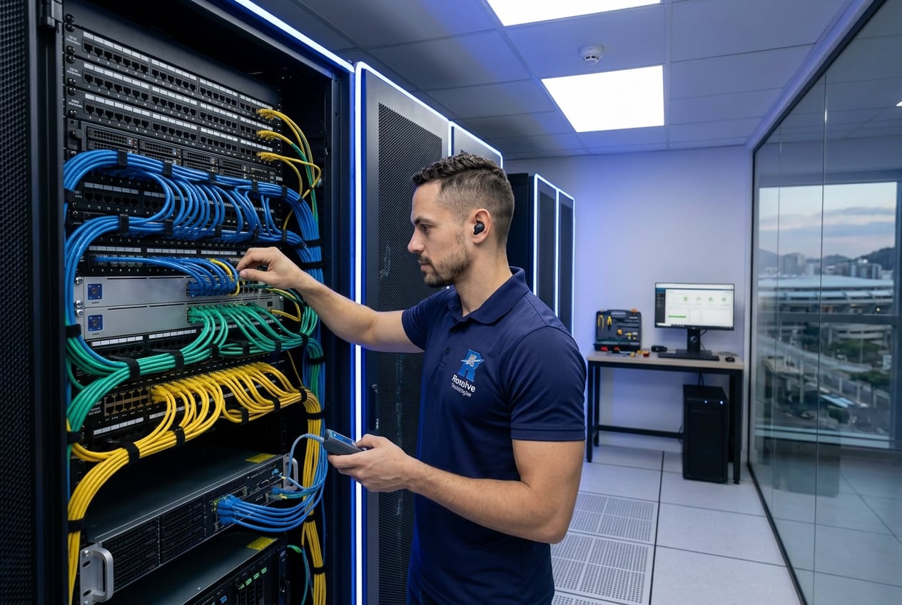 Técnico da Suporte de TI - Resolve Tecnologias verificando infraestrutura de TI no Maracanã