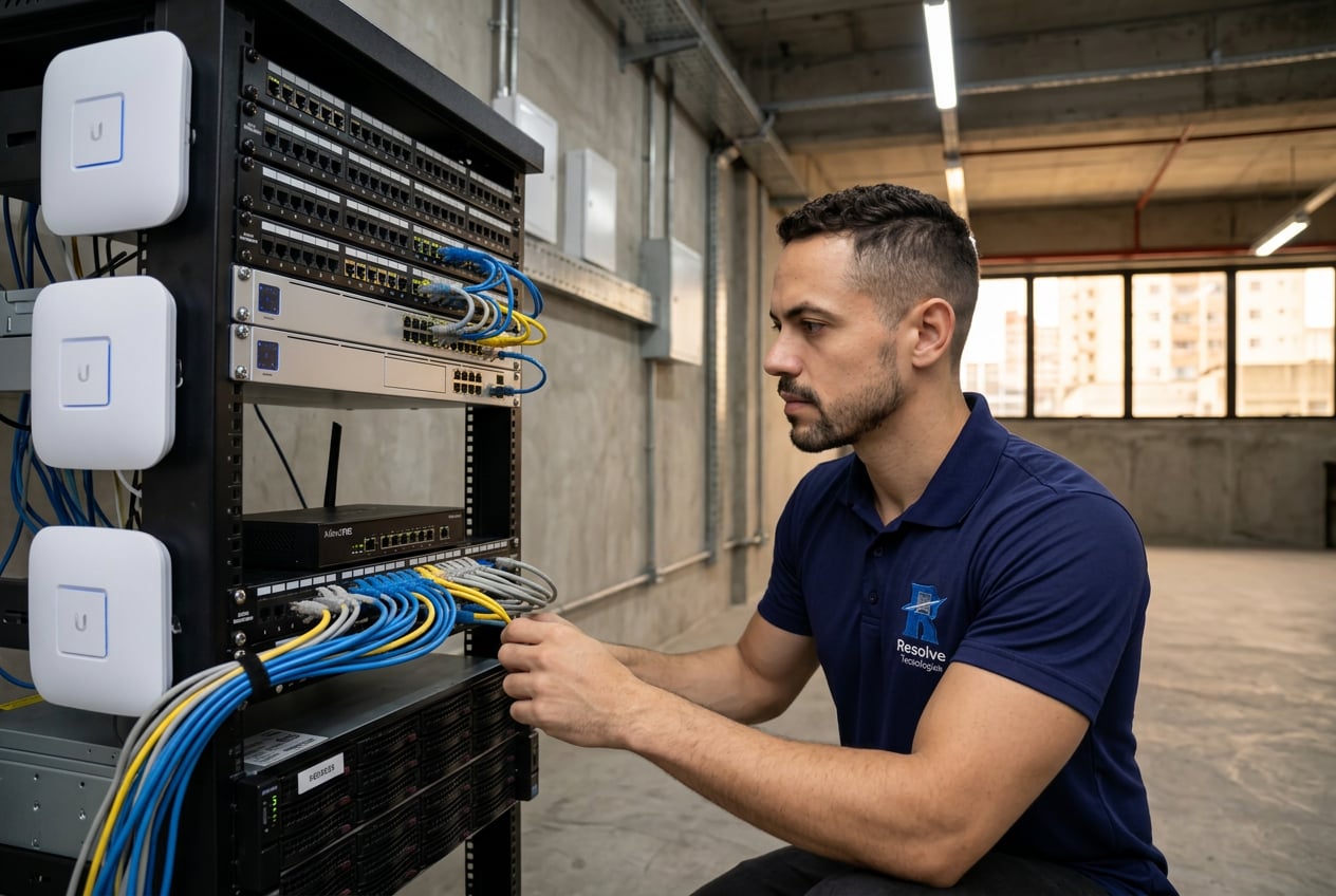 Técnico da Suporte de TI - Resolve Tecnologias verificando infraestrutura de TI em Nova Iguaçu