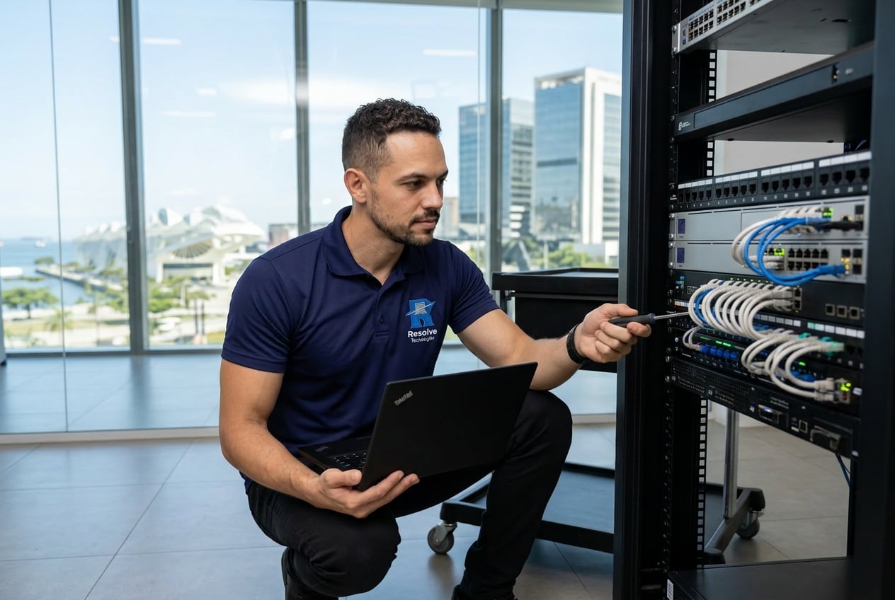Técnico da Suporte de TI - Resolve Tecnologias realizando suporte de TI para empresa no Porto Maravilha