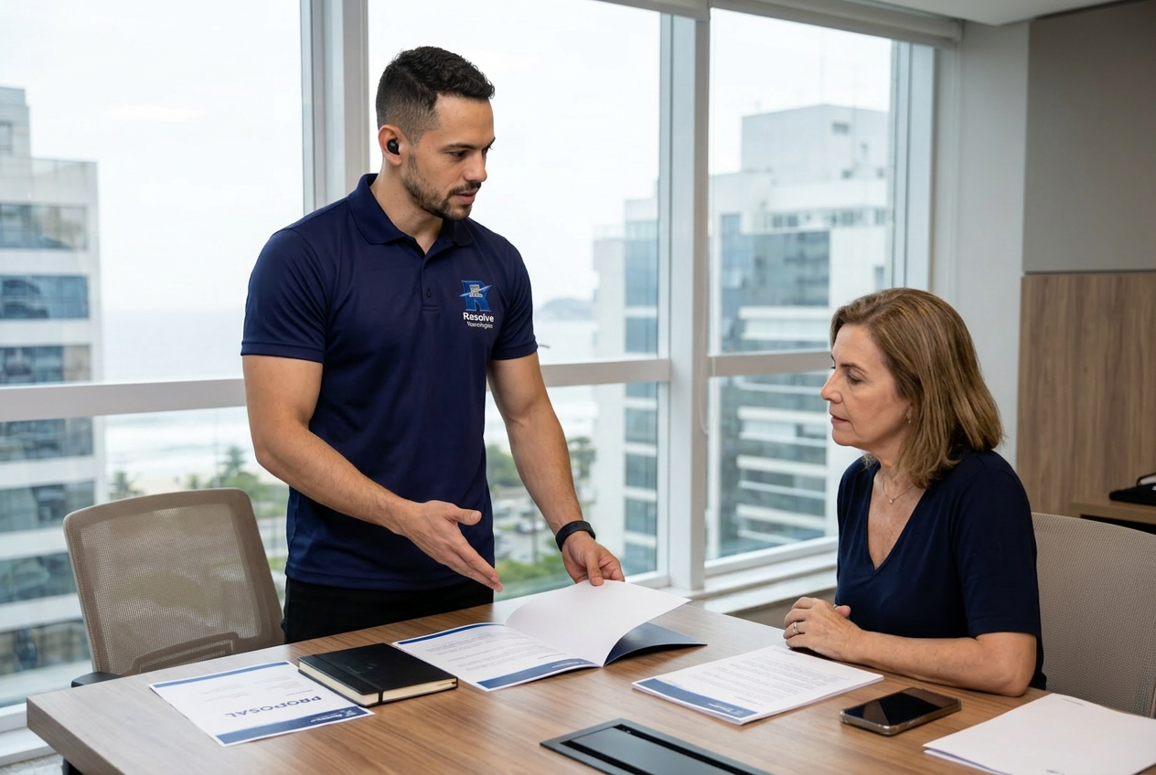 Técnico da Resolve Tecnologias atendendo empresa no Recreio dos Bandeirantes