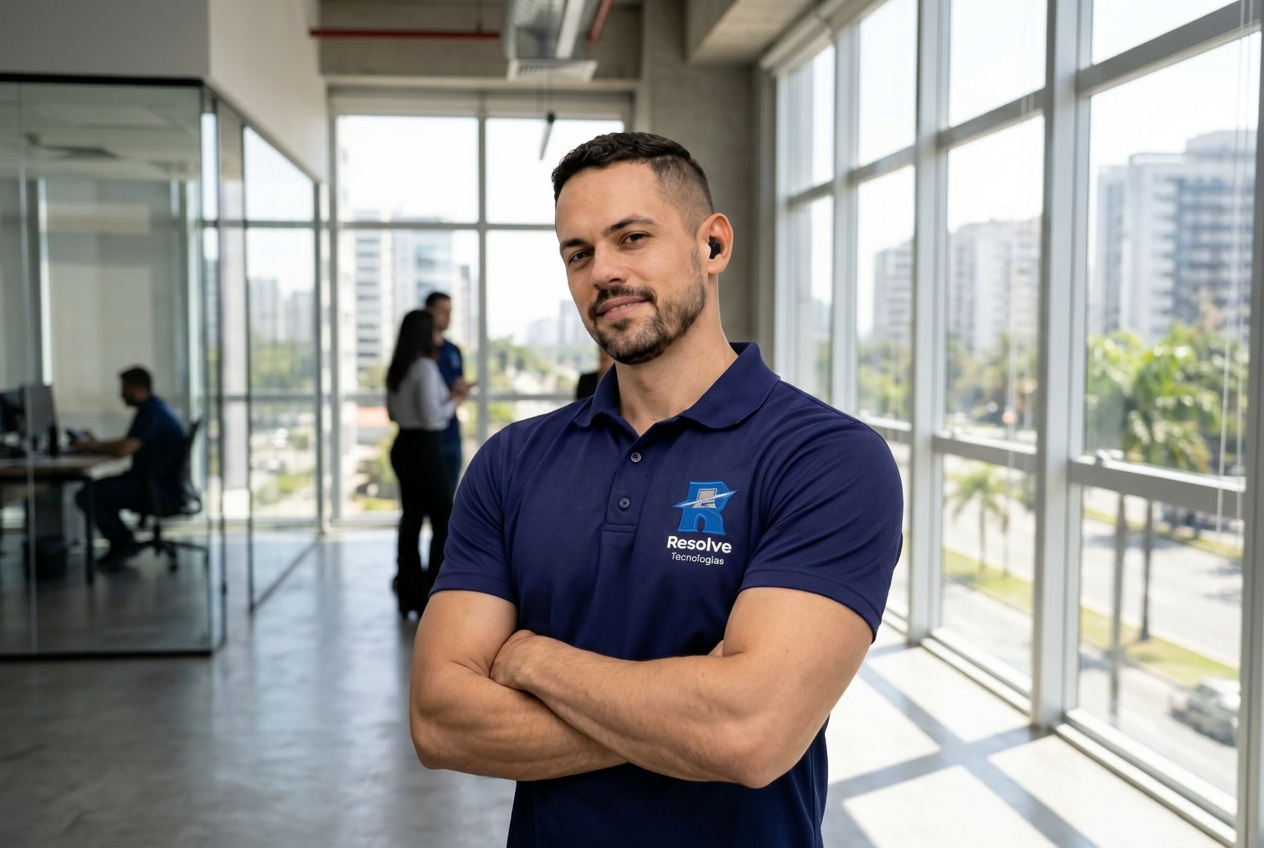 Técnico da Resolve Tecnologias realizando suporte de TI no Recreio dos Bandeirantes
