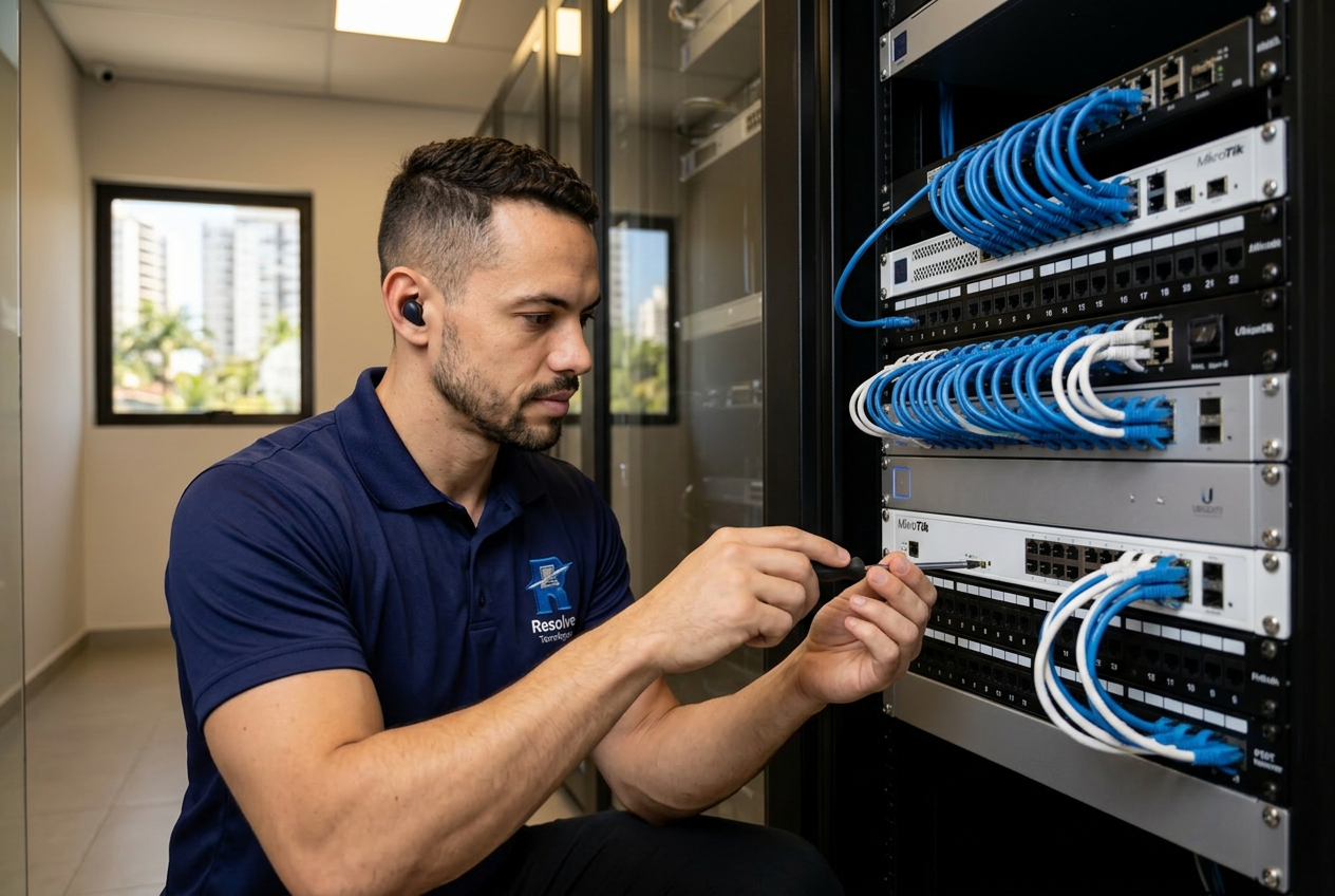 Técnico da Resolve Tecnologias verificando infraestrutura de TI no Recreio dos Bandeirantes