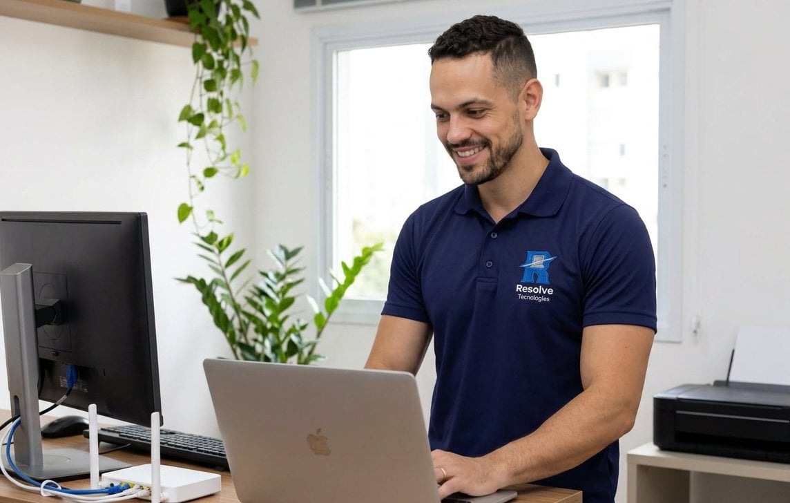 Técnico da Suporte de TI - Resolve Tecnologias prestando suporte de TI em residência no Rio de Janeiro, com notebook, monitor doméstico, roteador Wi-Fi e impressora em ambiente organizado