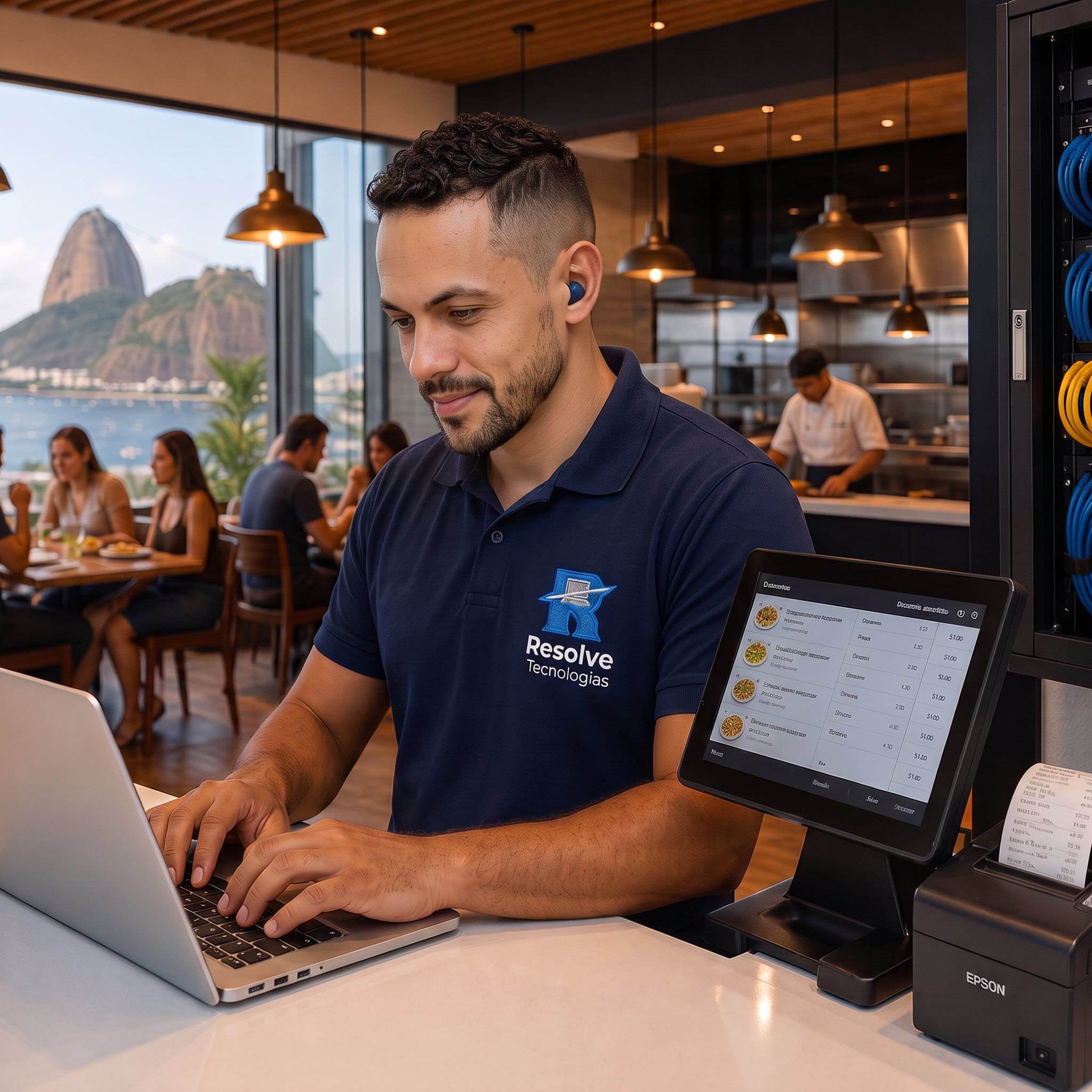 Técnico da Suporte de TI - Resolve Tecnologias prestando suporte técnico em restaurante moderno no Rio de Janeiro, com PDV, impressora de cupom, notebook e switch de rede organizados no balcão