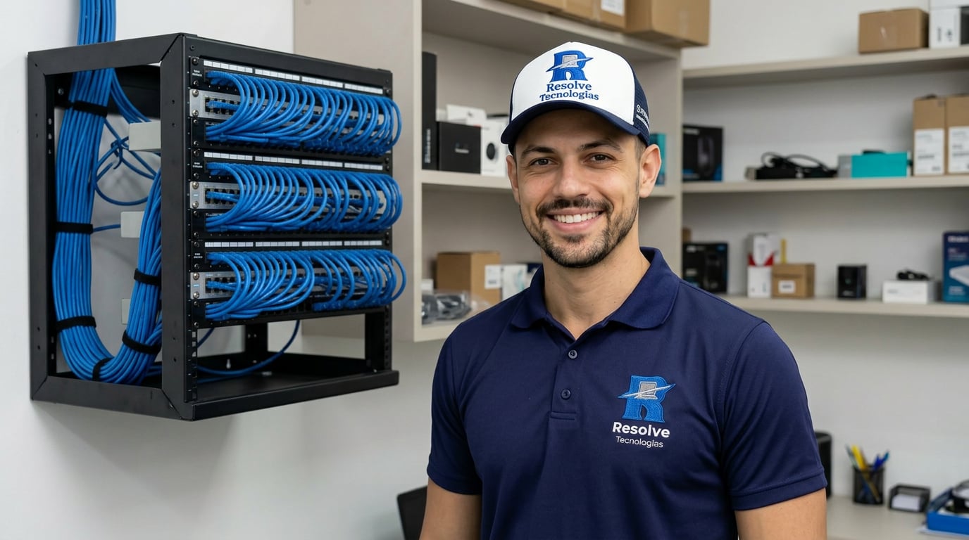 Técnico da Suporte de TI - Resolve Tecnologias ao lado de rack de rede organizado em retaguarda de empresa