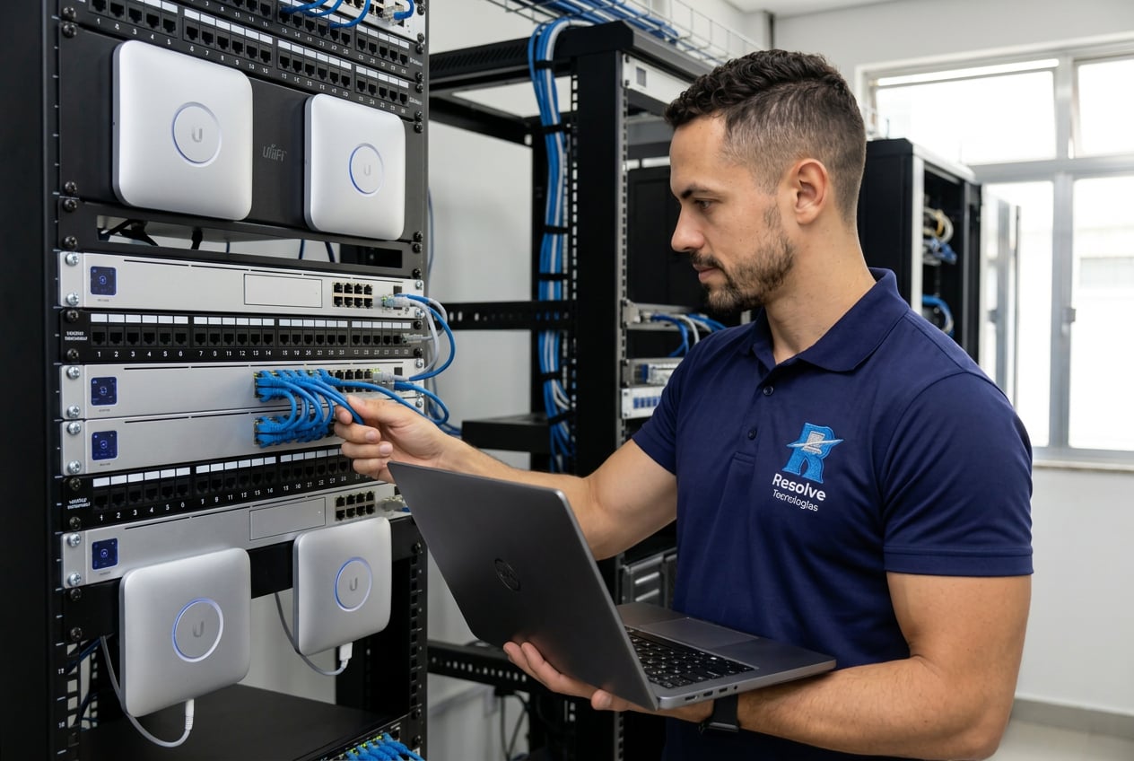 Técnico configurando e-mail corporativo e proteção de dados para escritório na Saúde RJ