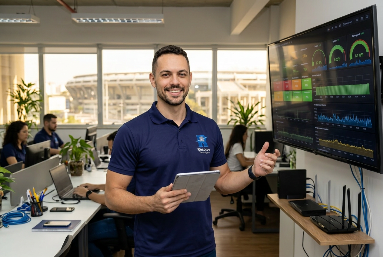 Técnico da Resolve Tecnologias analisando ambiente de TI na Tijuca