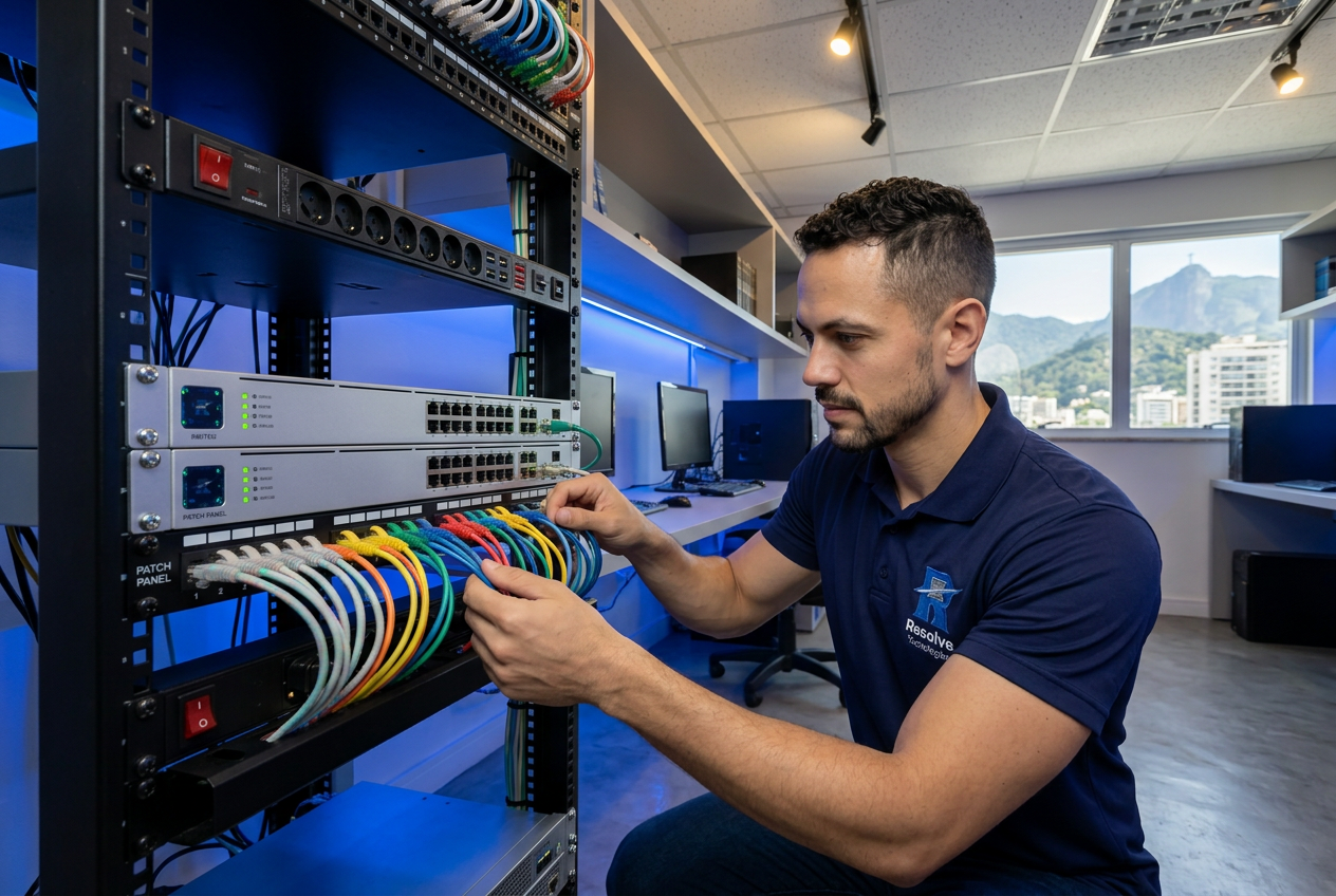 Técnico da Resolve Tecnologias verificando infraestrutura de TI na Tijuca