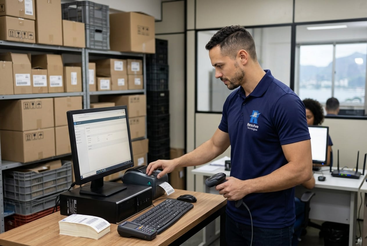 Técnico da Suporte de TI - Resolve Tecnologias prestando suporte técnico no setor de expedição de uma transportadora no Rio de Janeiro, operando computador com impressora de etiquetas e scanner