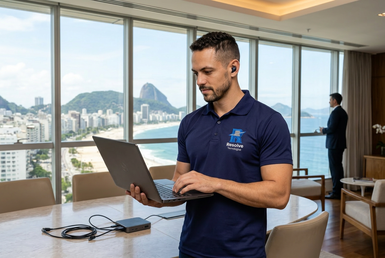 Técnico da Resolve Tecnologias realizando suporte de TI na Zona Sul do Rio de Janeiro
