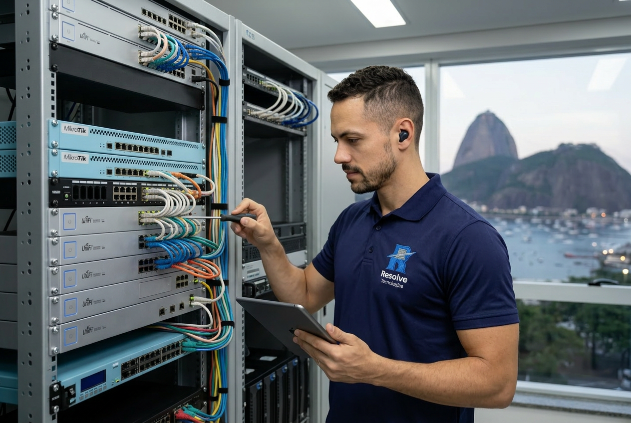 Técnico da Resolve Tecnologias verificando infraestrutura de TI na Zona Sul do Rio de Janeiro