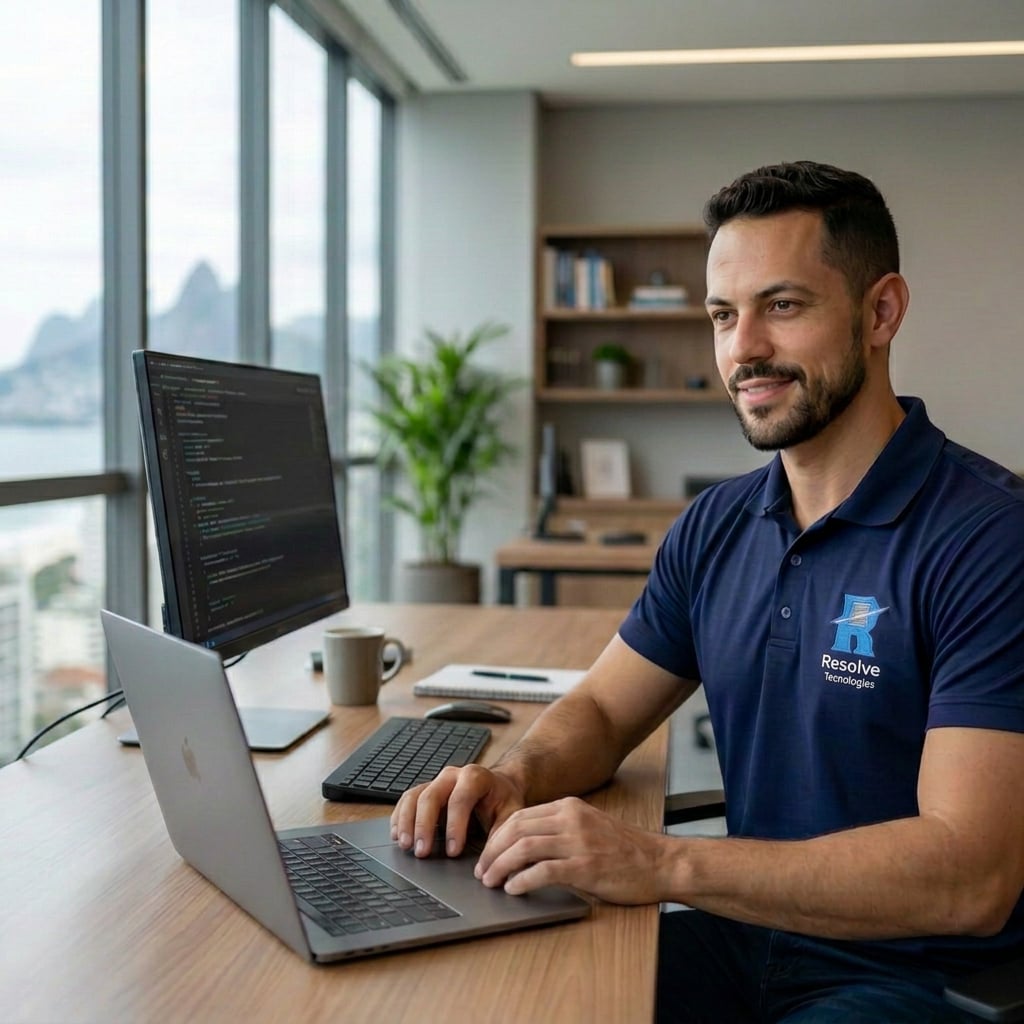 Técnico da Suporte de TI - Resolve Tecnologias com uniforme oficial atendendo equipe de escritório no Rio de Janeiro