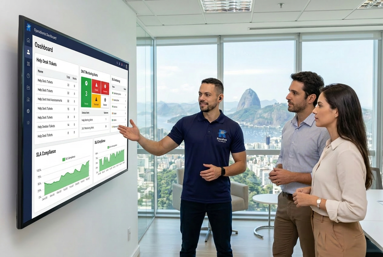 Técnico da Resolve Tecnologias apresentando dashboard de terceirização de TI para empresa no Rio de Janeiro