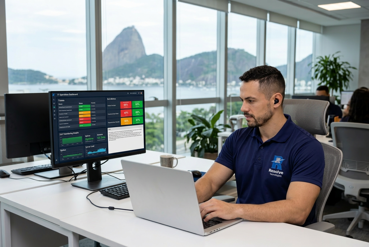 Técnico da Resolve Tecnologias analisando operação de terceirização de TI no Rio de Janeiro