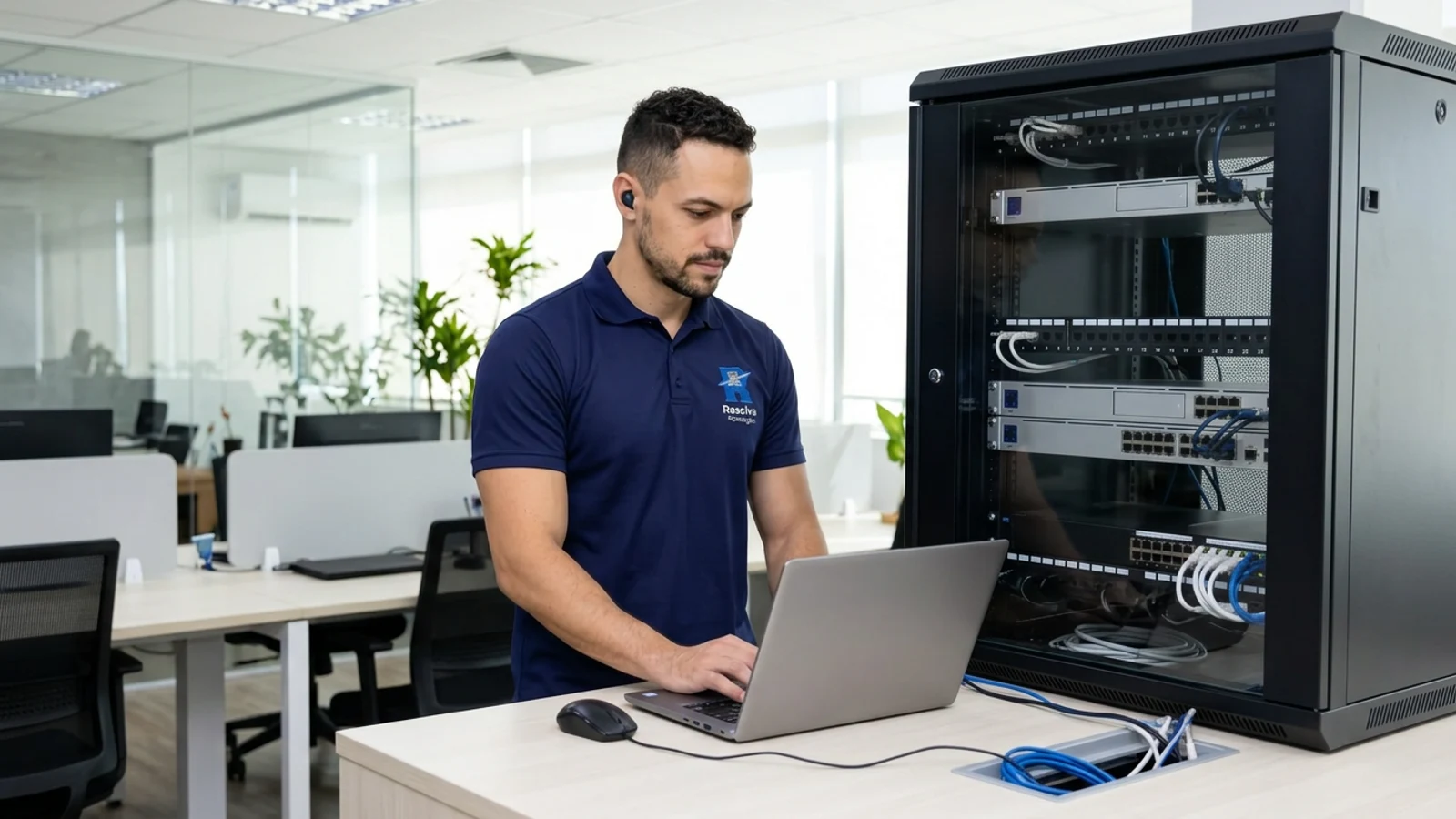 Técnico oficial da Suporte de TI - Resolve Tecnologias junto a equipamentos de rede; composição ilustrativa