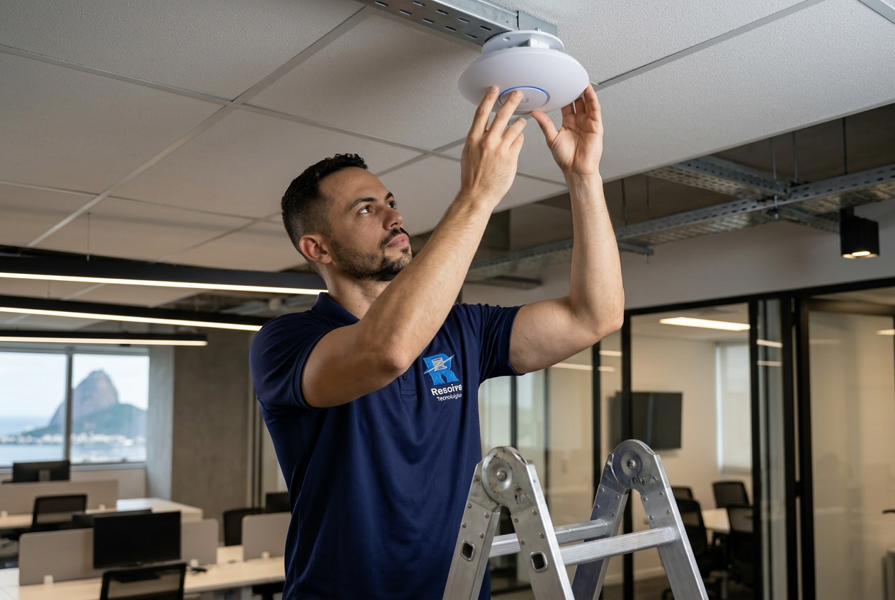 Técnico da Resolve Tecnologias instalando access point Ubiquiti UniFi em empresa no Rio de Janeiro