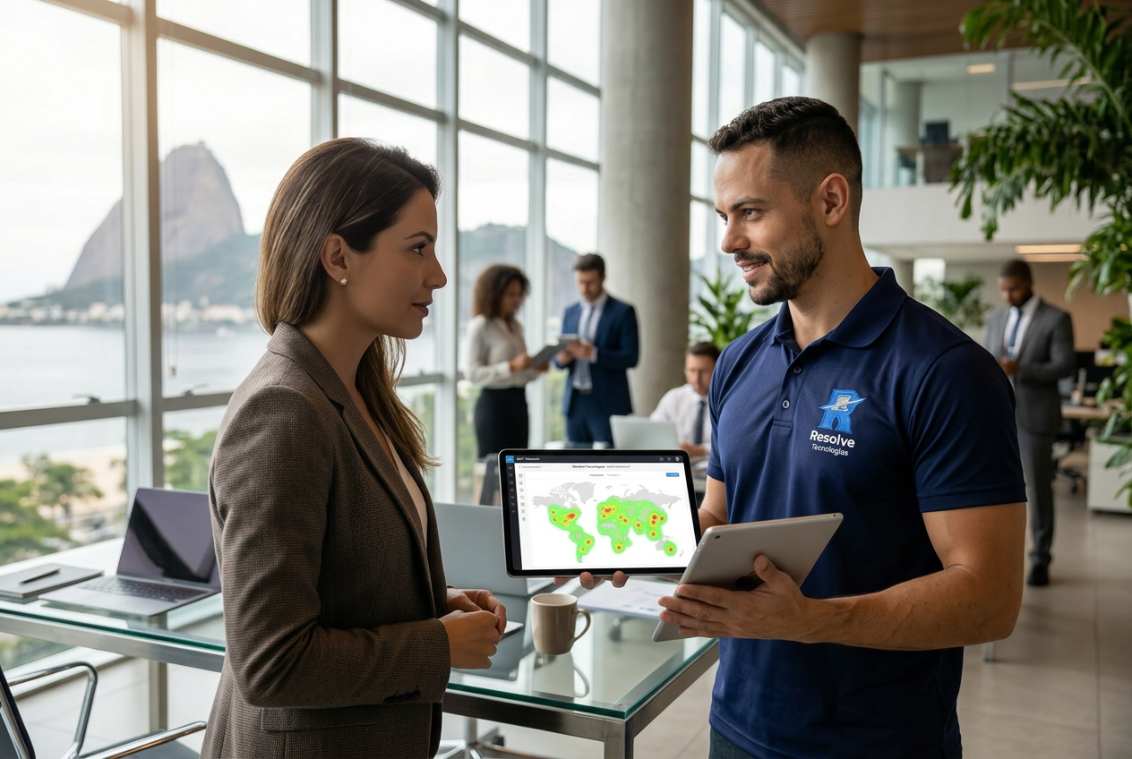 Técnico da Resolve Tecnologias apresentando solução Ubiquiti UniFi para empresa no Rio de Janeiro