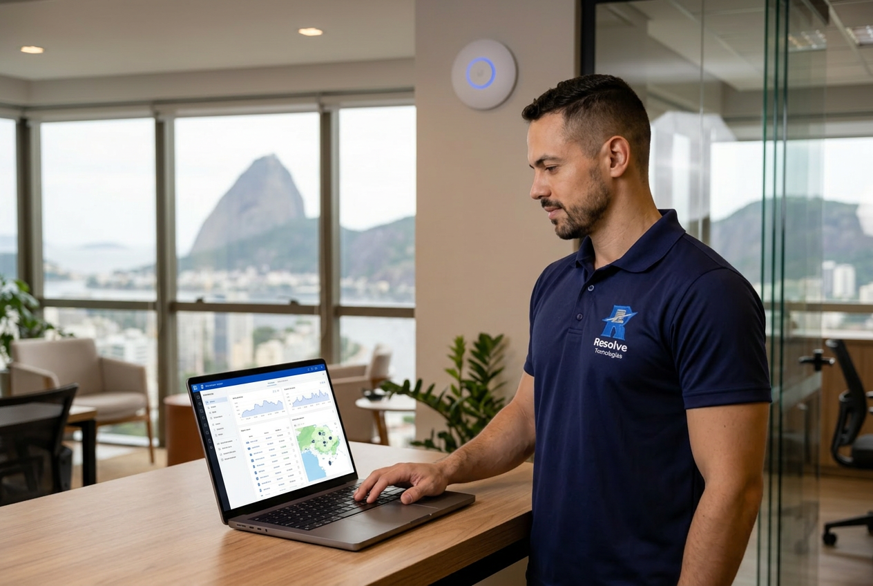 Técnico da Resolve Tecnologias configurando Ubiquiti UniFi para empresa no Rio de Janeiro