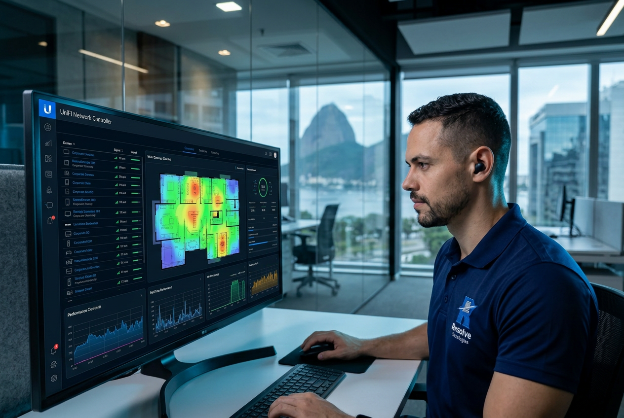 Técnico da Resolve Tecnologias analisando rede Ubiquiti UniFi corporativa no Rio de Janeiro