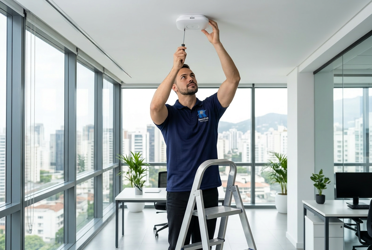 Técnico da Resolve Tecnologias instalando access point em escritório corporativo no Rio de Janeiro
