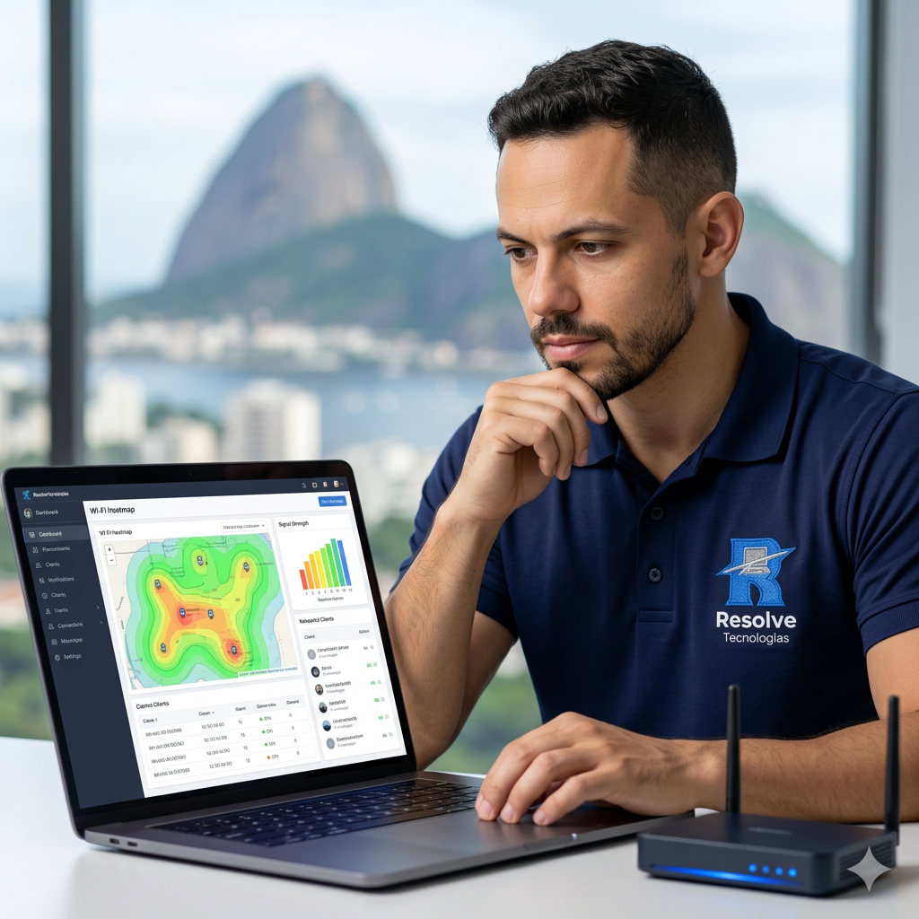 Técnico da Resolve Tecnologias analisando desempenho da rede Wi‑Fi corporativa no Rio de Janeiro