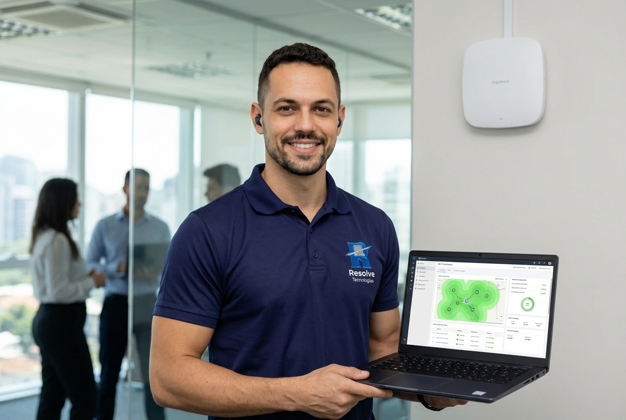 Técnico da Resolve Tecnologias analisando Wi‑Fi corporativo em empresa no Rio de Janeiro