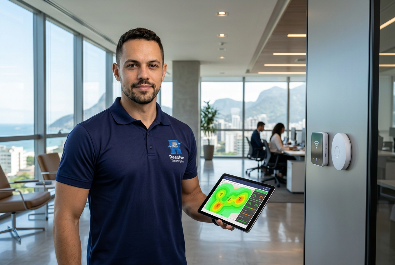 Técnico da Resolve Tecnologias verificando desempenho da rede Wi‑Fi corporativa no Rio de Janeiro