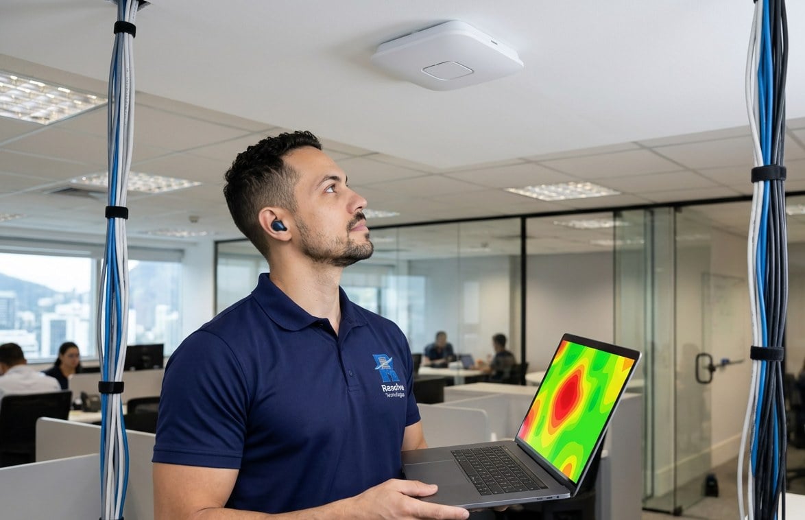 Técnico da Suporte de TI - Resolve Tecnologias em uniforme oficial analisando cobertura de Wi-Fi corporativo em escritório no Rio de Janeiro
