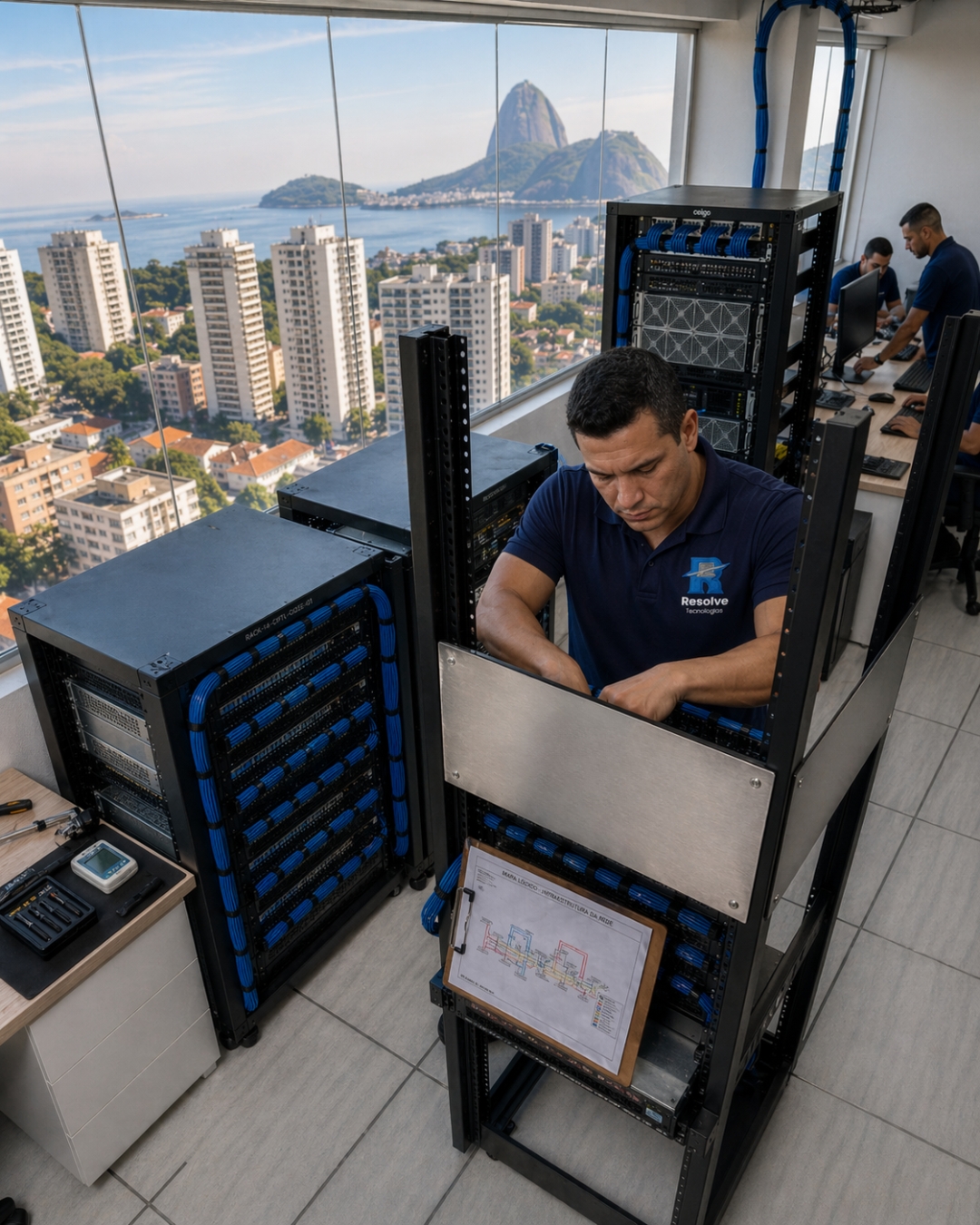 Técnico da Resolve Tecnologias organizando rack de servidores com vista para o Rio de Janeiro