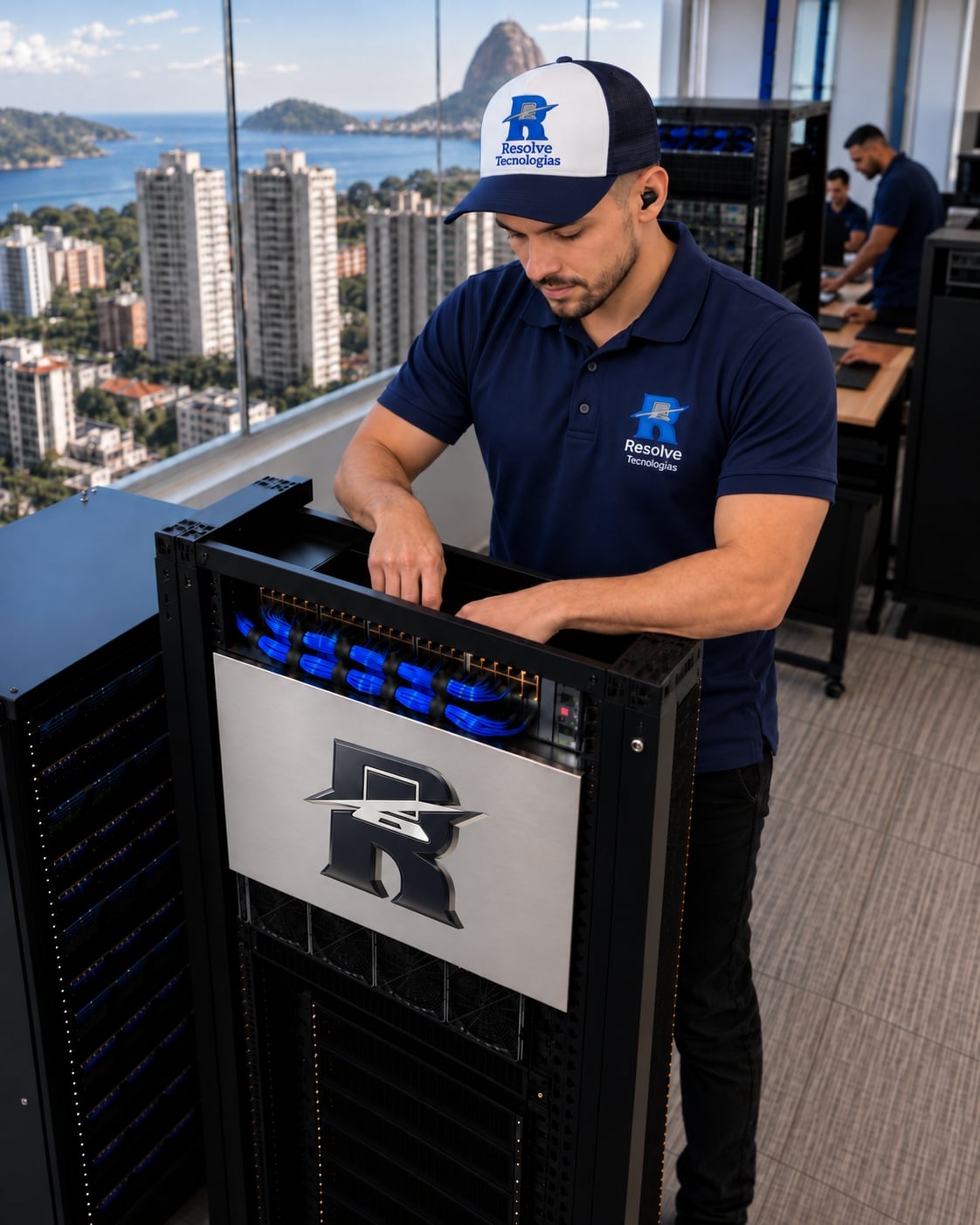 Técnico da Suporte de TI - Resolve Tecnologias organizando cabos em rack de servidores com vista para o Pão de Açúcar