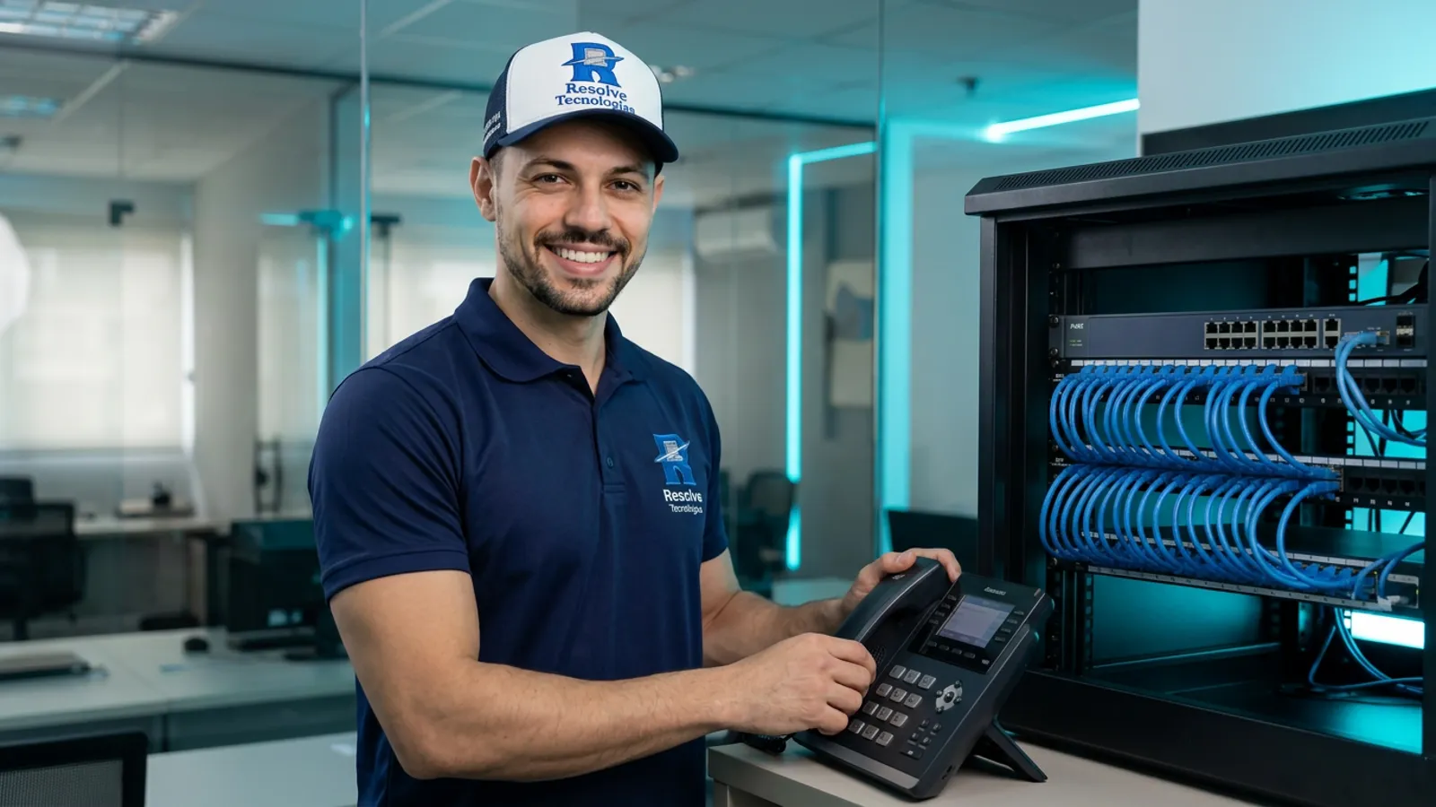 Técnico da Suporte de TI - Resolve Tecnologias configurando telefone IP ao lado do rack de rede